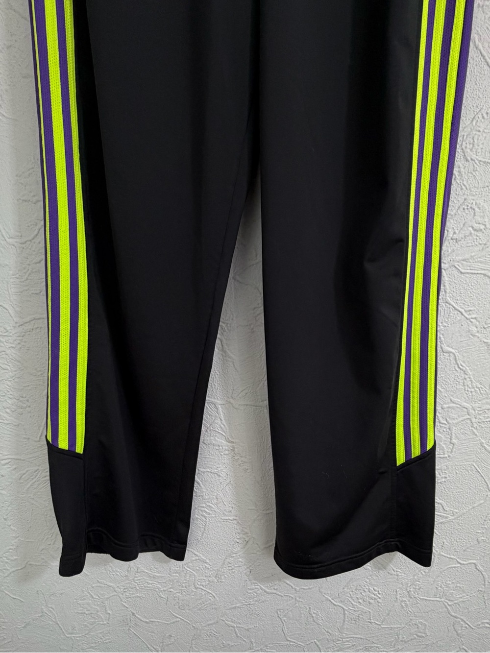 Vintage Adidas Track Pants Purple Neon Yellow 3 Stripe Y2K Button Snap Hem CLEAN - Picture 2 of 8